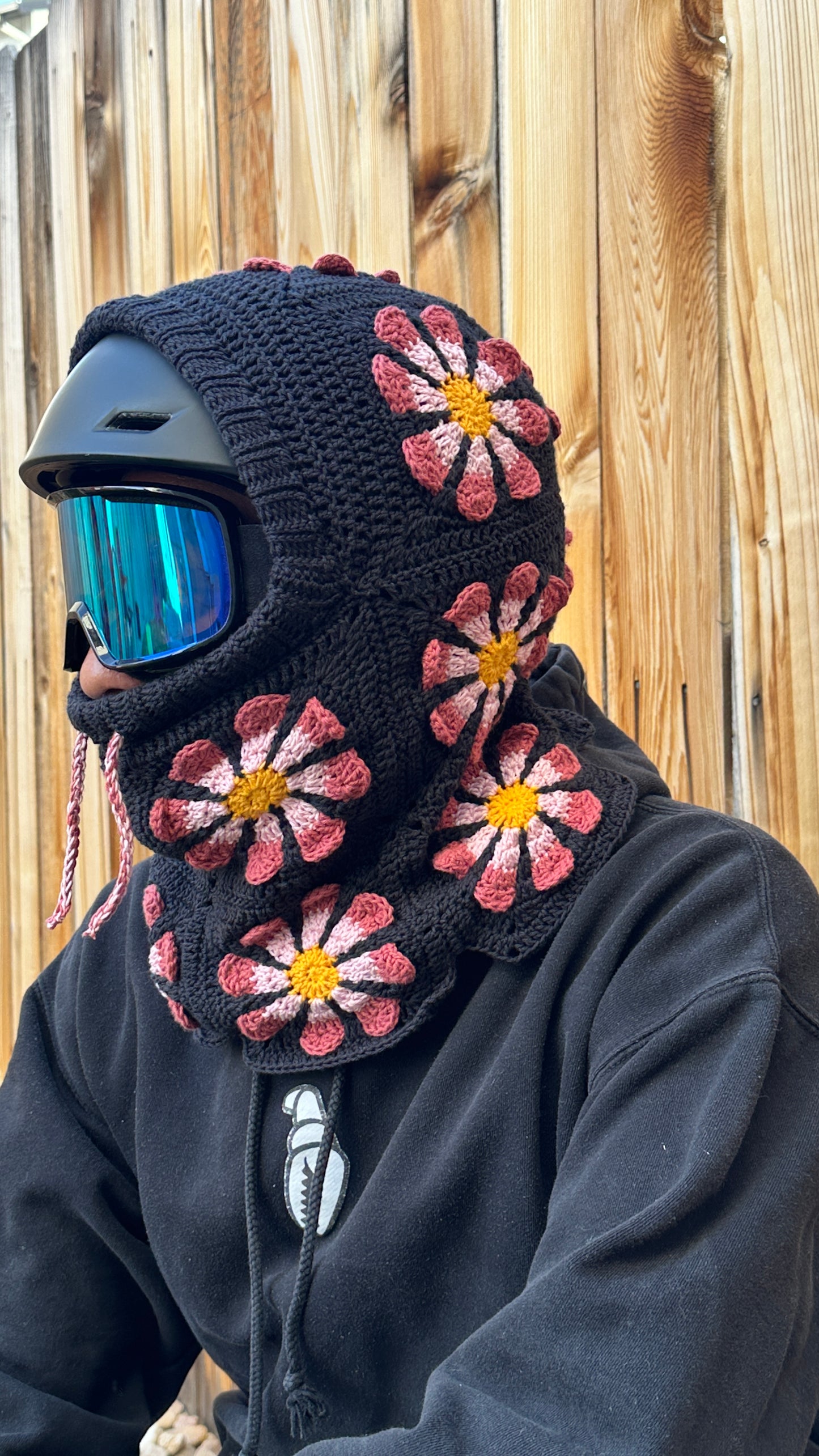 Handmade Crochet Snowboarding Hood – 100% Cotton Yarn | Retro Flower Design
