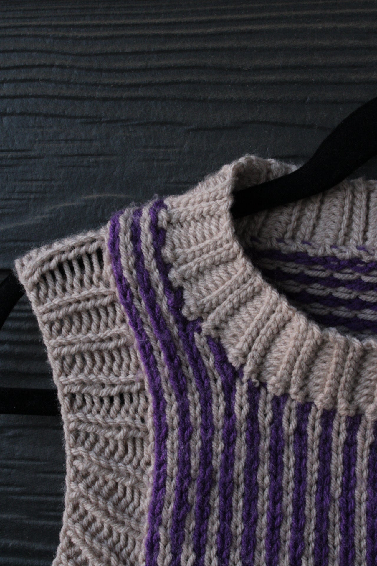 π§΅π Handmade Knit Vest β Neutral & Purple Stripes (Size: Medium) ππ§΅