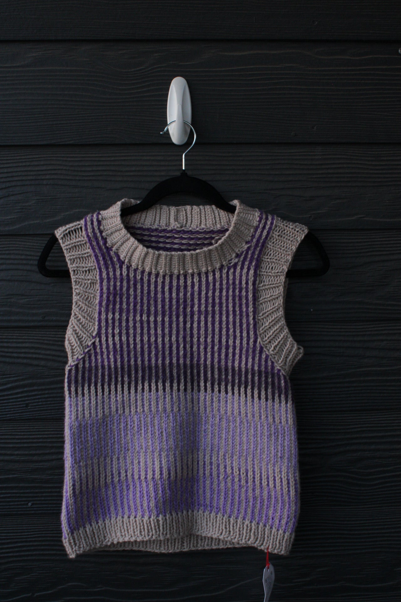 π§΅π Handmade Knit Vest β Neutral & Purple Stripes (Size: Medium) ππ§΅