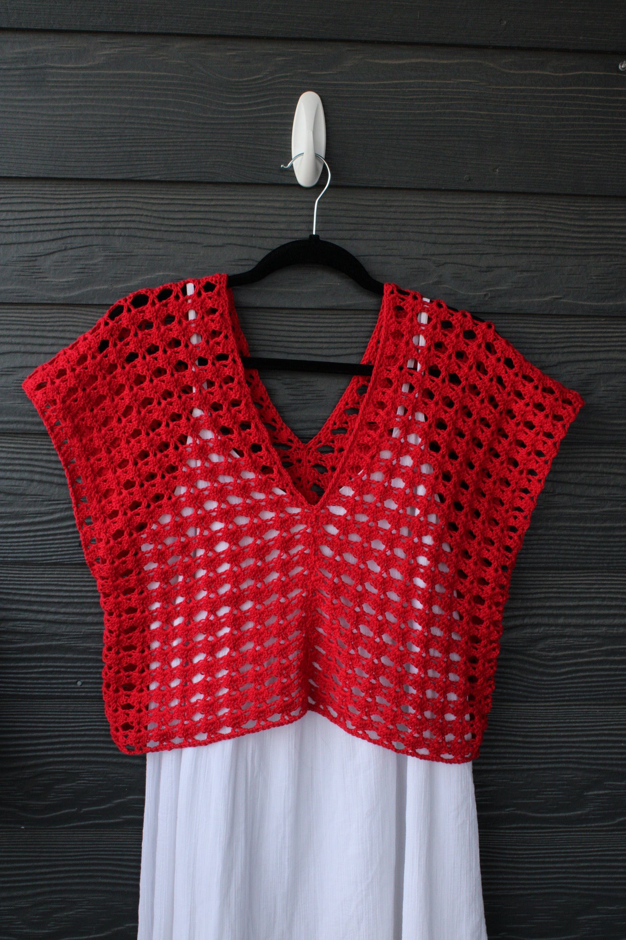 Red Handmade Crochet Cotton Top – Lightweight Summer Mesh Crop Layer with Deep V Neck