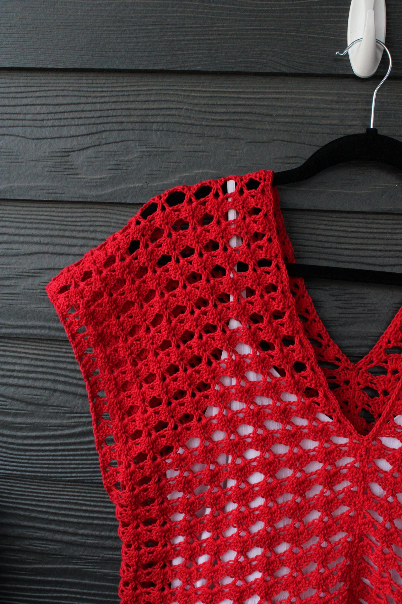 Red Handmade Crochet Cotton Top – Lightweight Summer Mesh Crop Layer with Deep V Neck