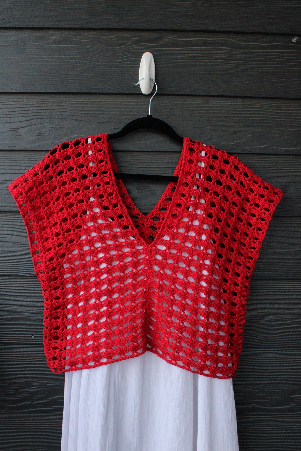 Red Handmade Crochet Cotton Top – Lightweight Summer Mesh Crop Layer with Deep V Neck