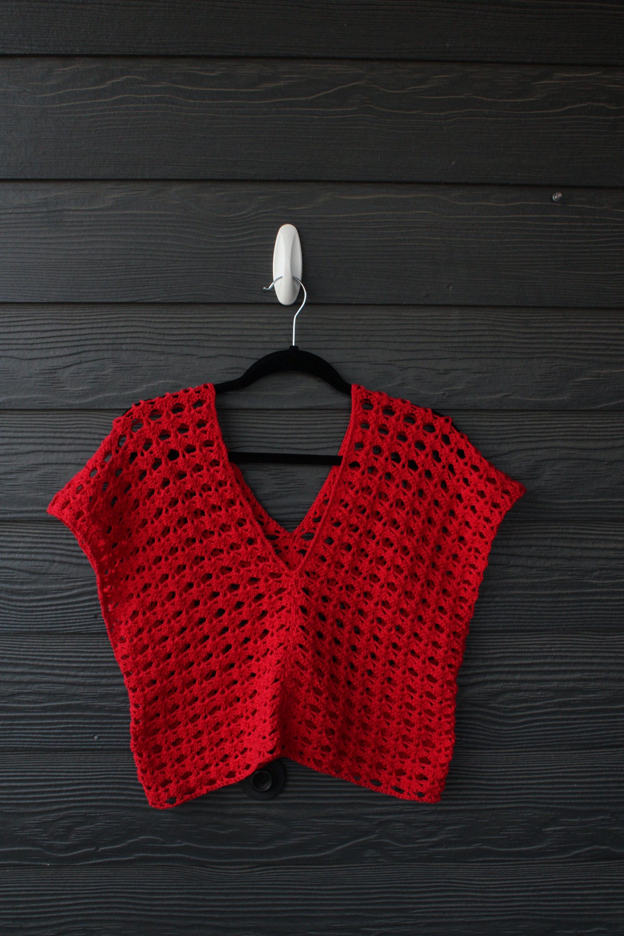 Red Handmade Crochet Cotton Top – Lightweight Summer Mesh Crop Layer with Deep V Neck