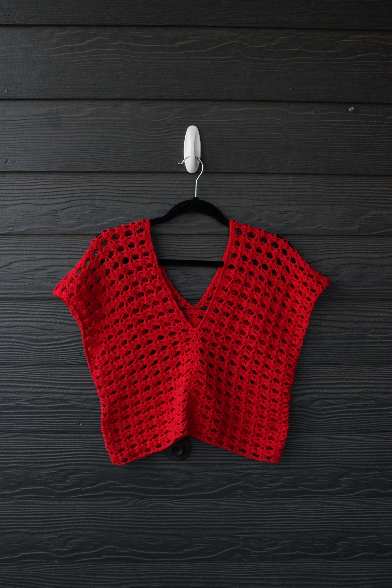 Red Handmade Crochet Cotton Top – Lightweight Summer Mesh Crop Layer with Deep V Neck