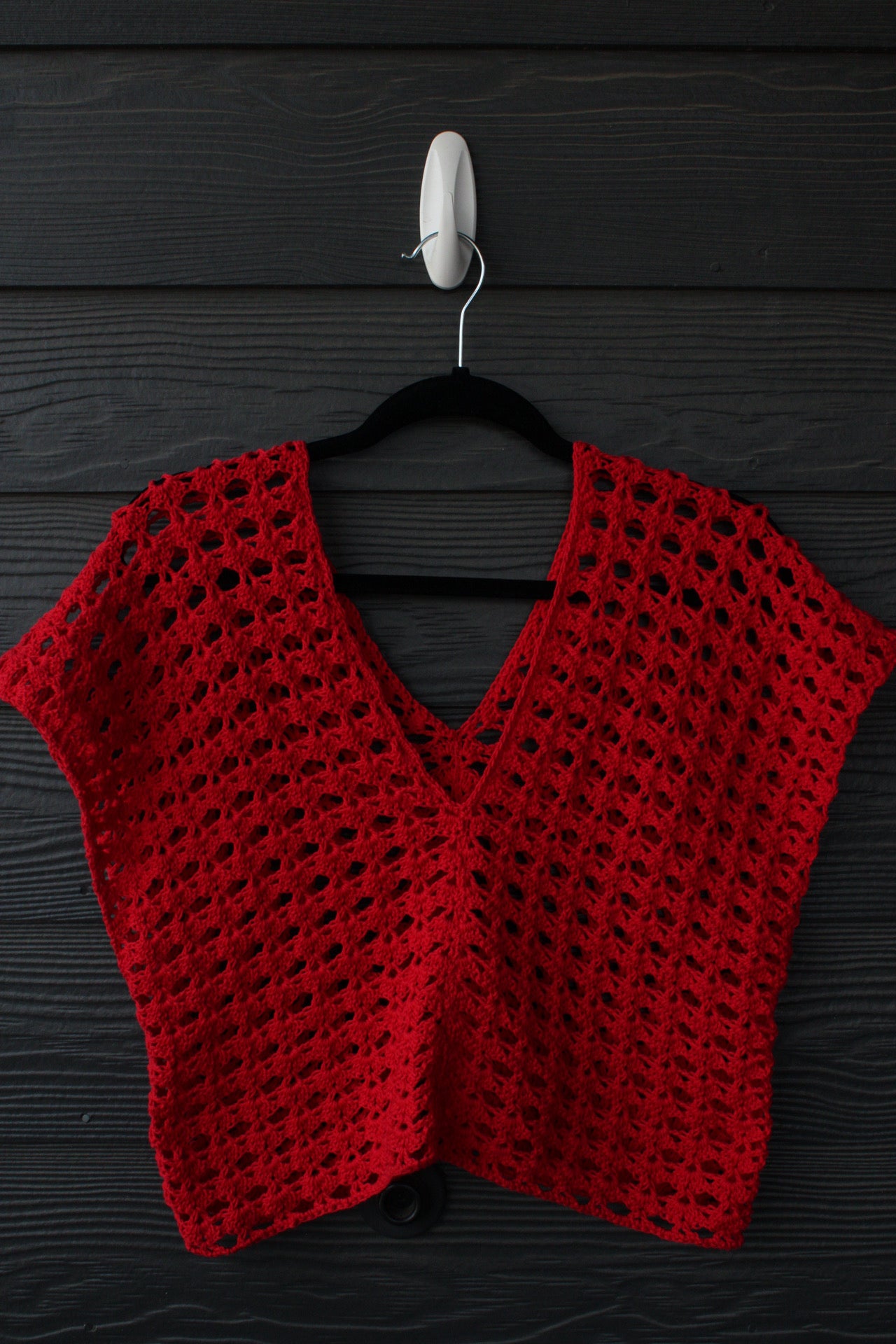 Red Handmade Crochet Cotton Top – Lightweight Summer Mesh Crop Layer with Deep V Neck