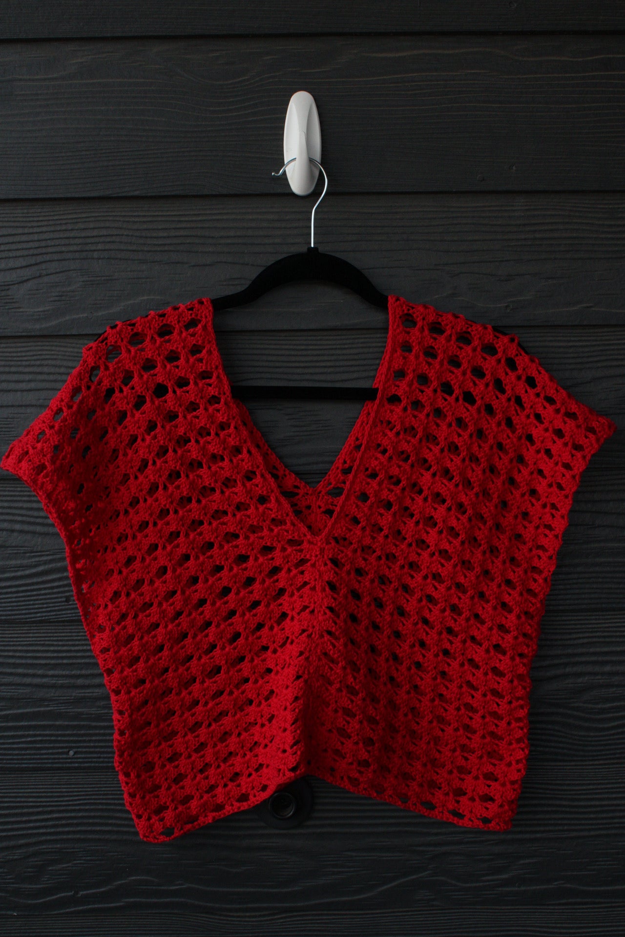 Red Handmade Crochet Cotton Top – Lightweight Summer Mesh Crop Layer with Deep V Neck