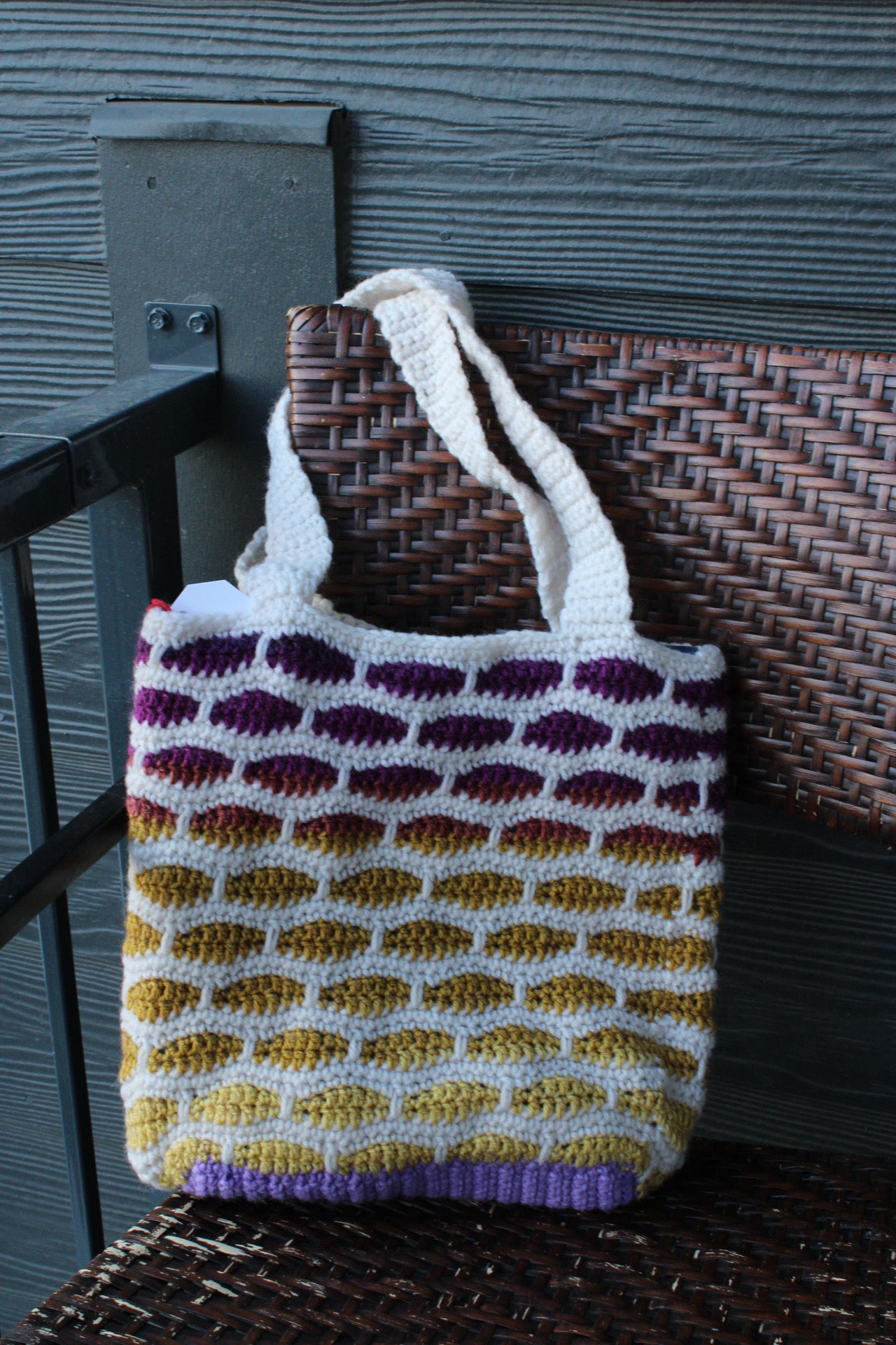 Handmade Crochet Tote Bag – Gradient Purple & Golden Yellow Pattern | Eco-Friendly Market Bag