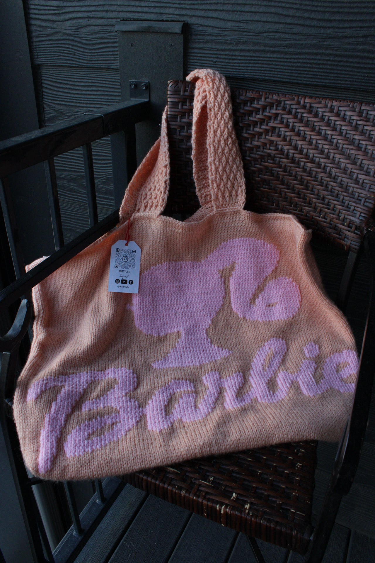 Handmade Barbie Knit Tote Bag – Oversized Pink & Peach Shoulder Bag | Retro Inspired
