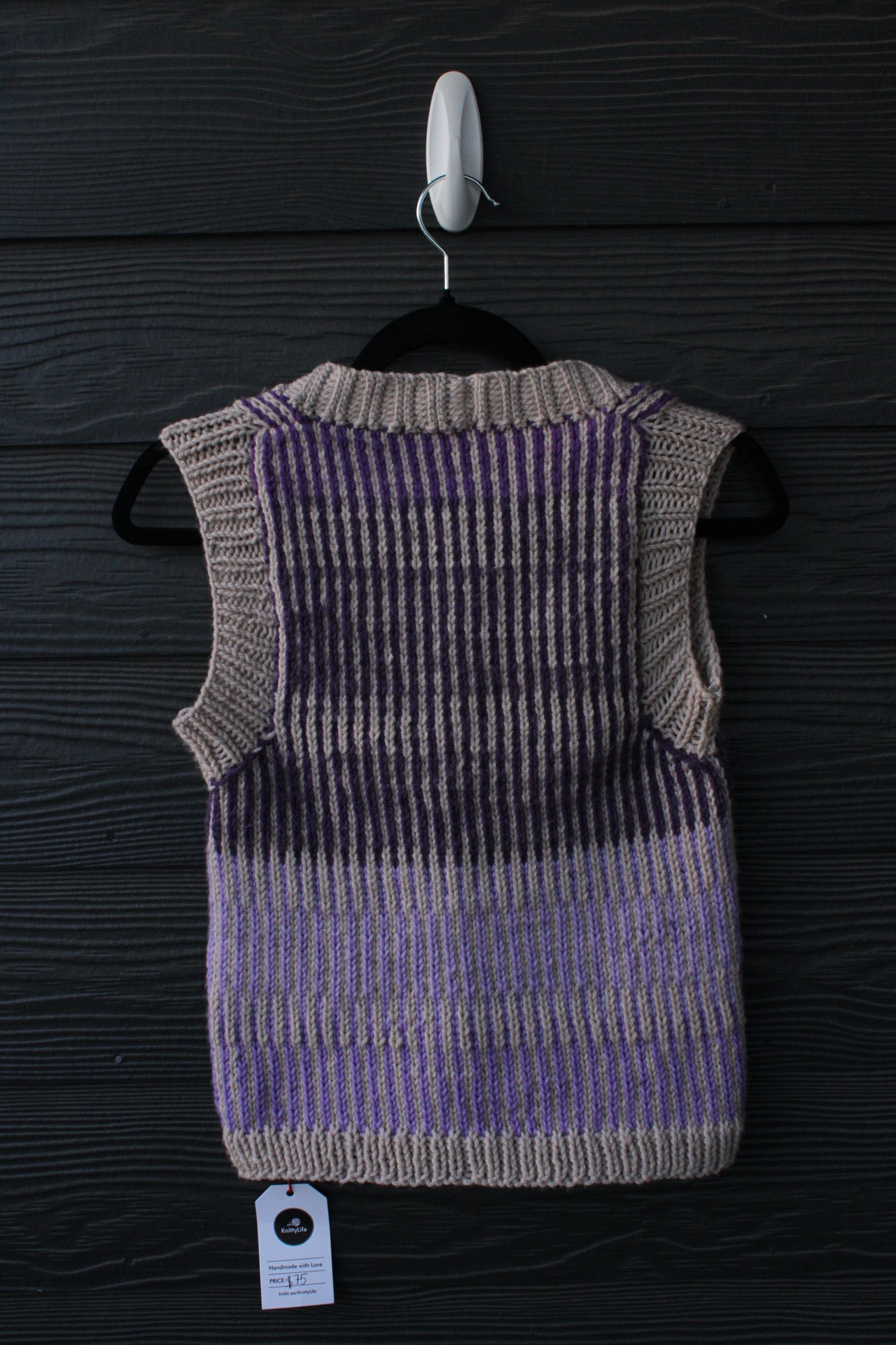 🧵💜 Handmade Knit Vest – Neutral & Purple Stripes (Size: Medium) 💜🧵