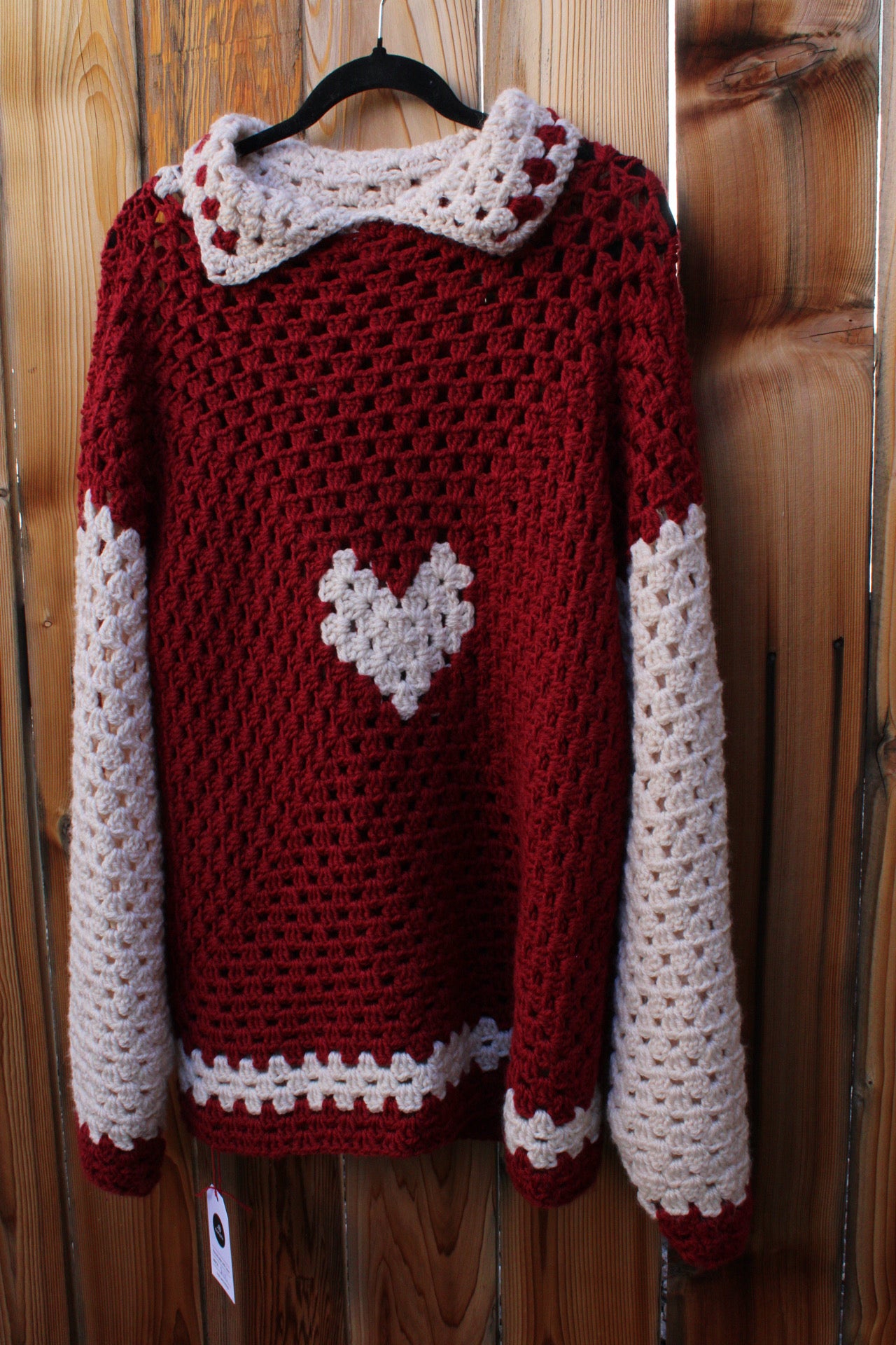 Handmade Crochet Heart Sweater – Red & Cream