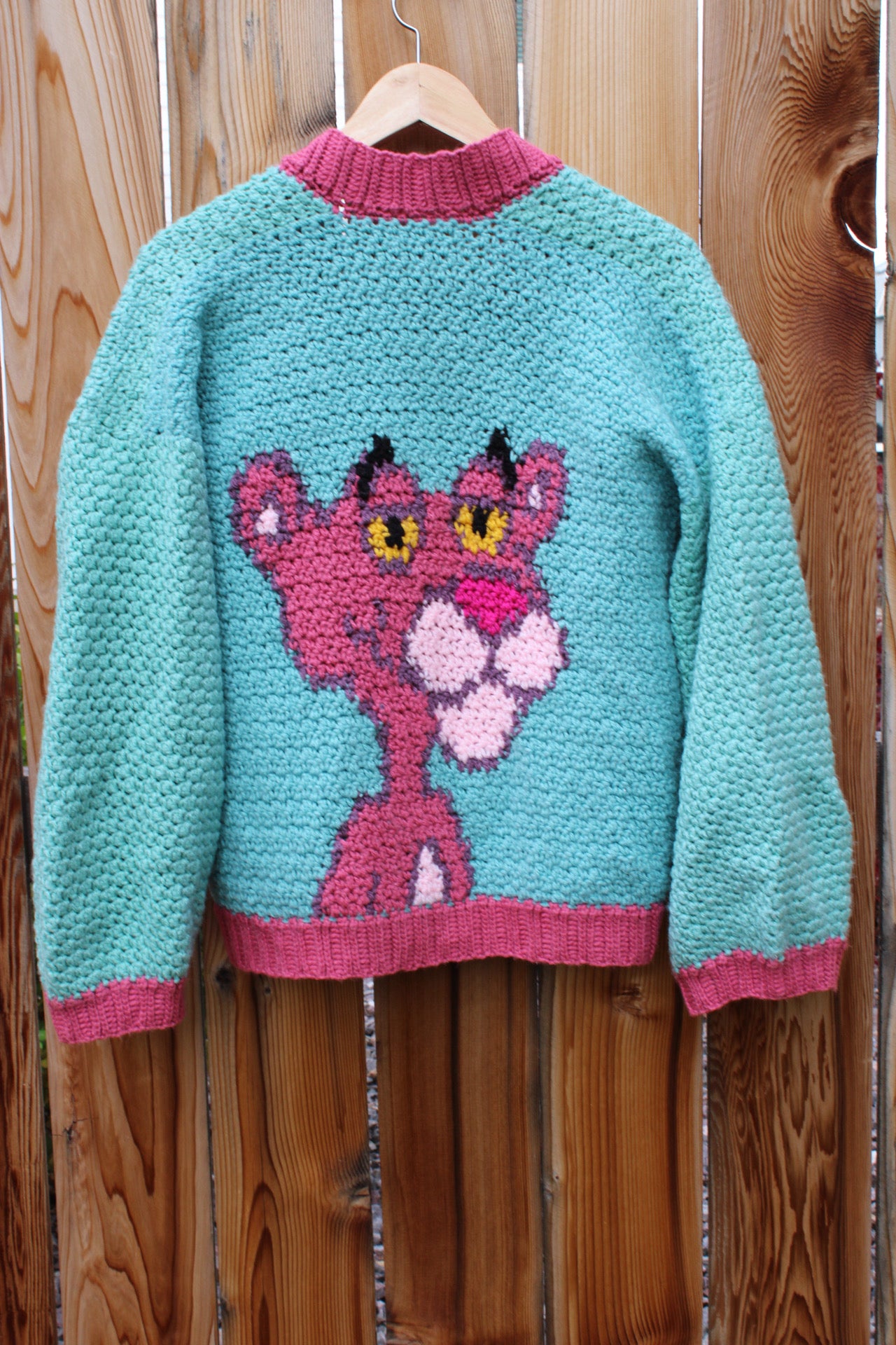 Handmade Crochet Pink Panther Cardigan – Cozy, Colorful & One-of-a-Kind