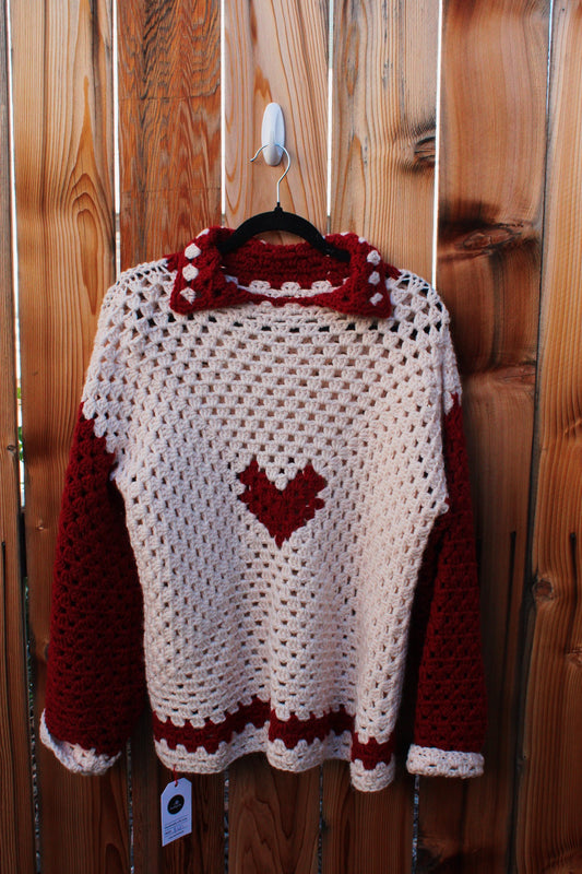 Handmade Crochet Heart Sweater – Red & Cream