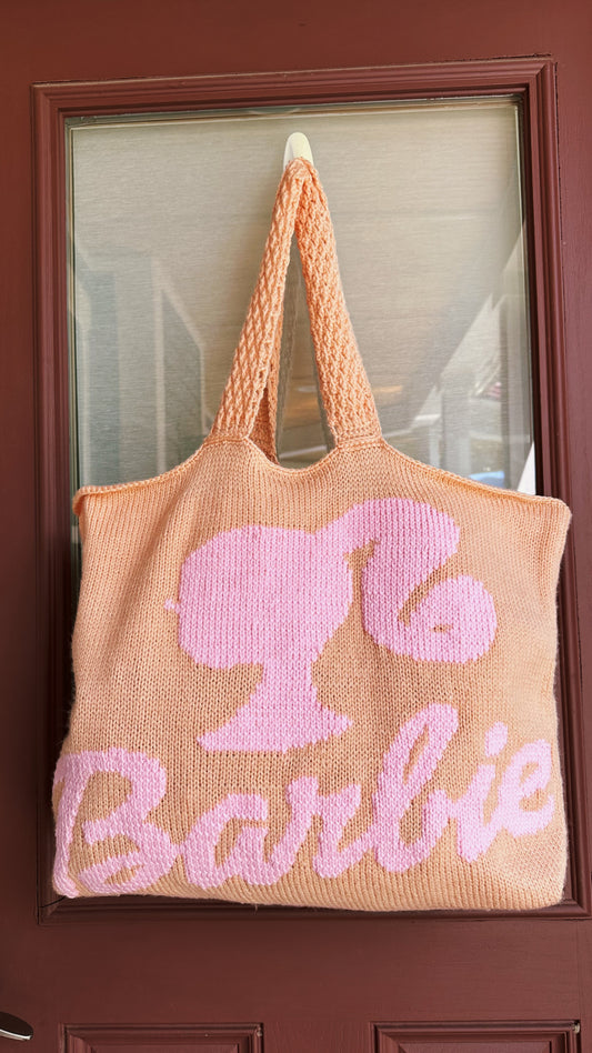 Handmade Barbie Knit Tote Bag – Oversized Pink & Peach Shoulder Bag | Retro Inspired