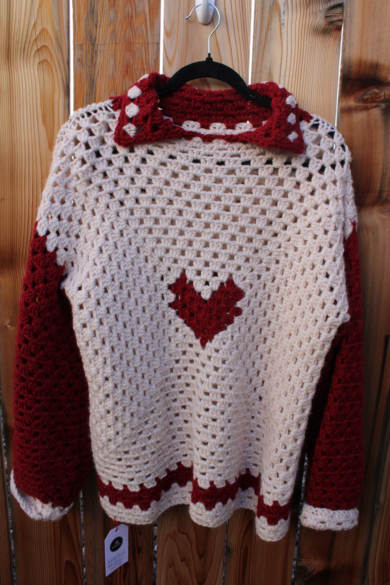 Handmade Crochet Heart Sweater – Red & Cream