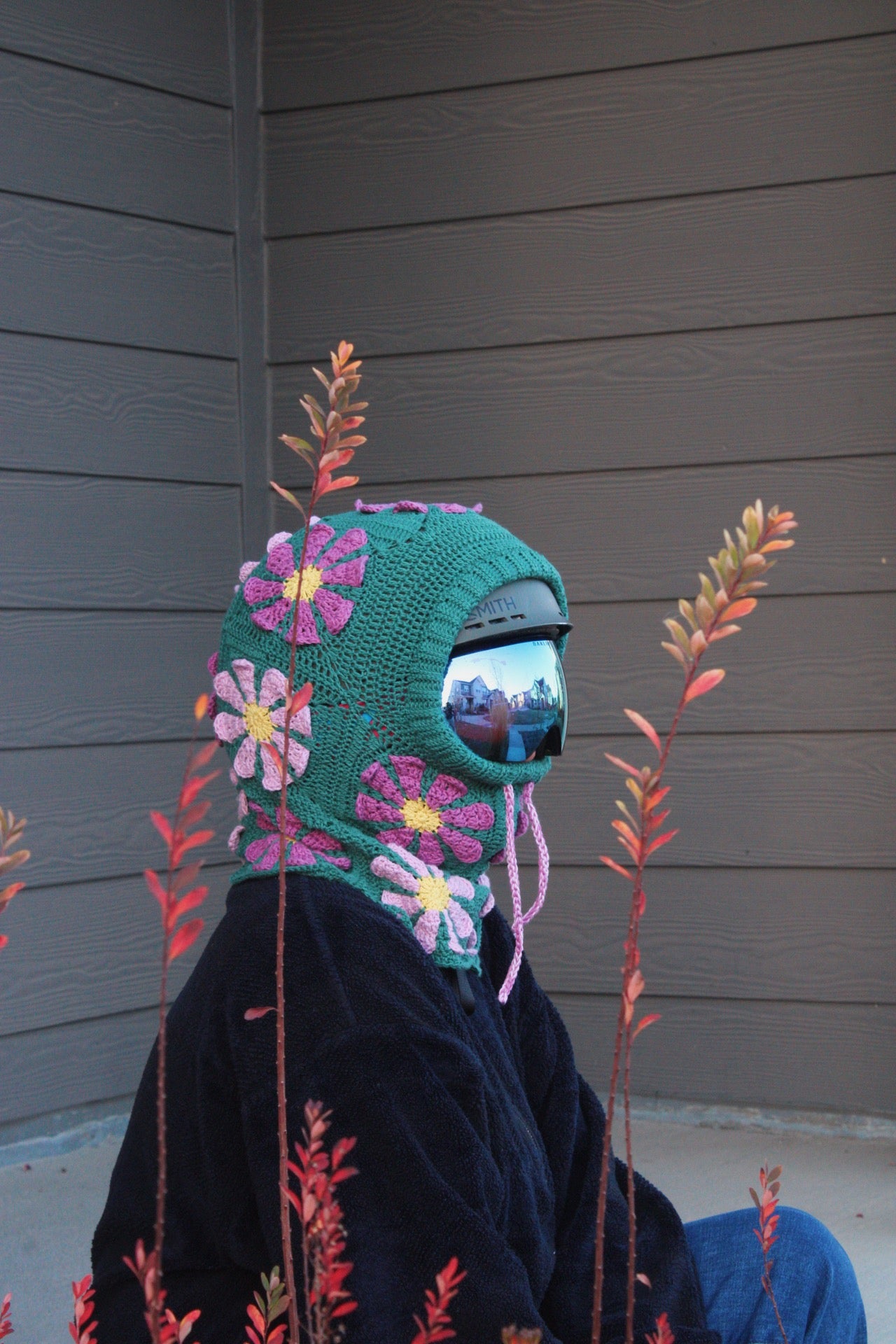 Handmade Crochet Snowboarding Hood – 100% Cotton Yarn | Retro Flower Design