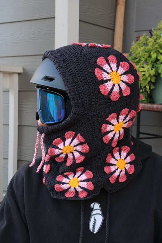 Handmade Crochet Snowboarding Hood – 100% Cotton Yarn | Retro Flower Design