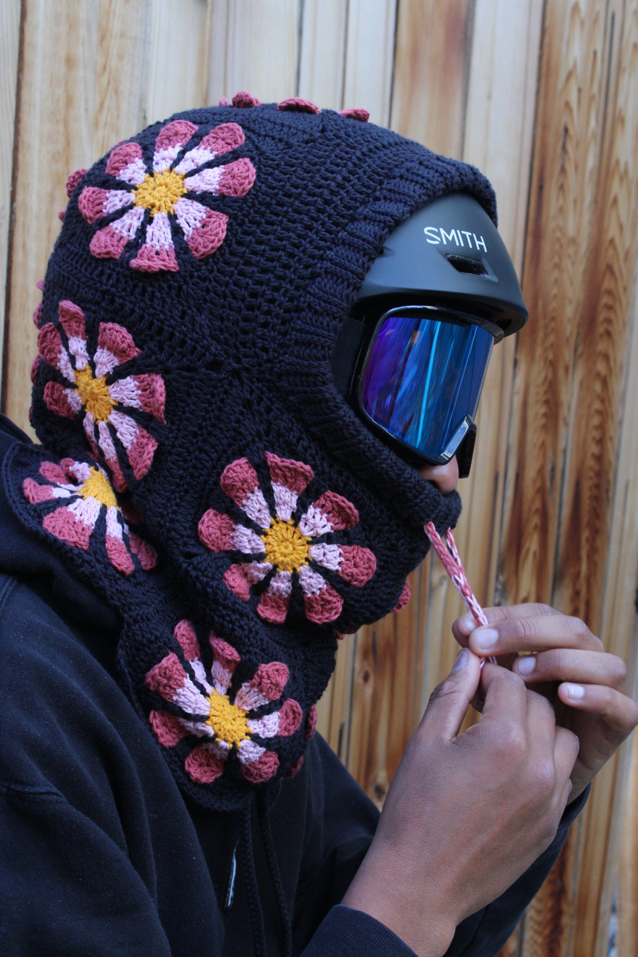 Handmade Crochet Snowboarding Hood – 100% Cotton Yarn | Retro Flower Design