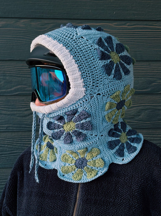 Handmade Crochet Snowboarding Hood – 100% Cotton Yarn | Retro Flower Design