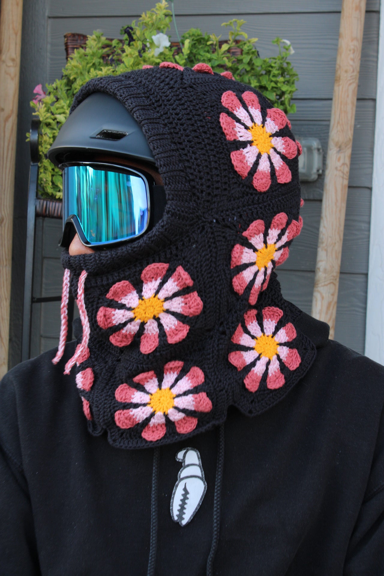Handmade Crochet Snowboarding Hood – 100% Cotton Yarn | Retro Flower Design