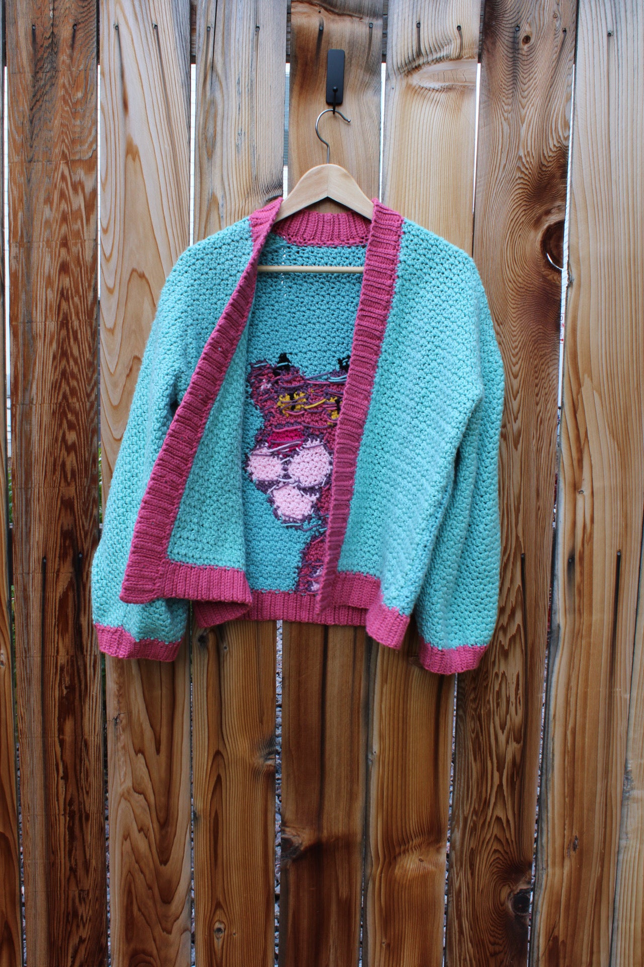 Handmade Crochet Pink Panther Cardigan – Cozy, Colorful & One-of-a-Kind
