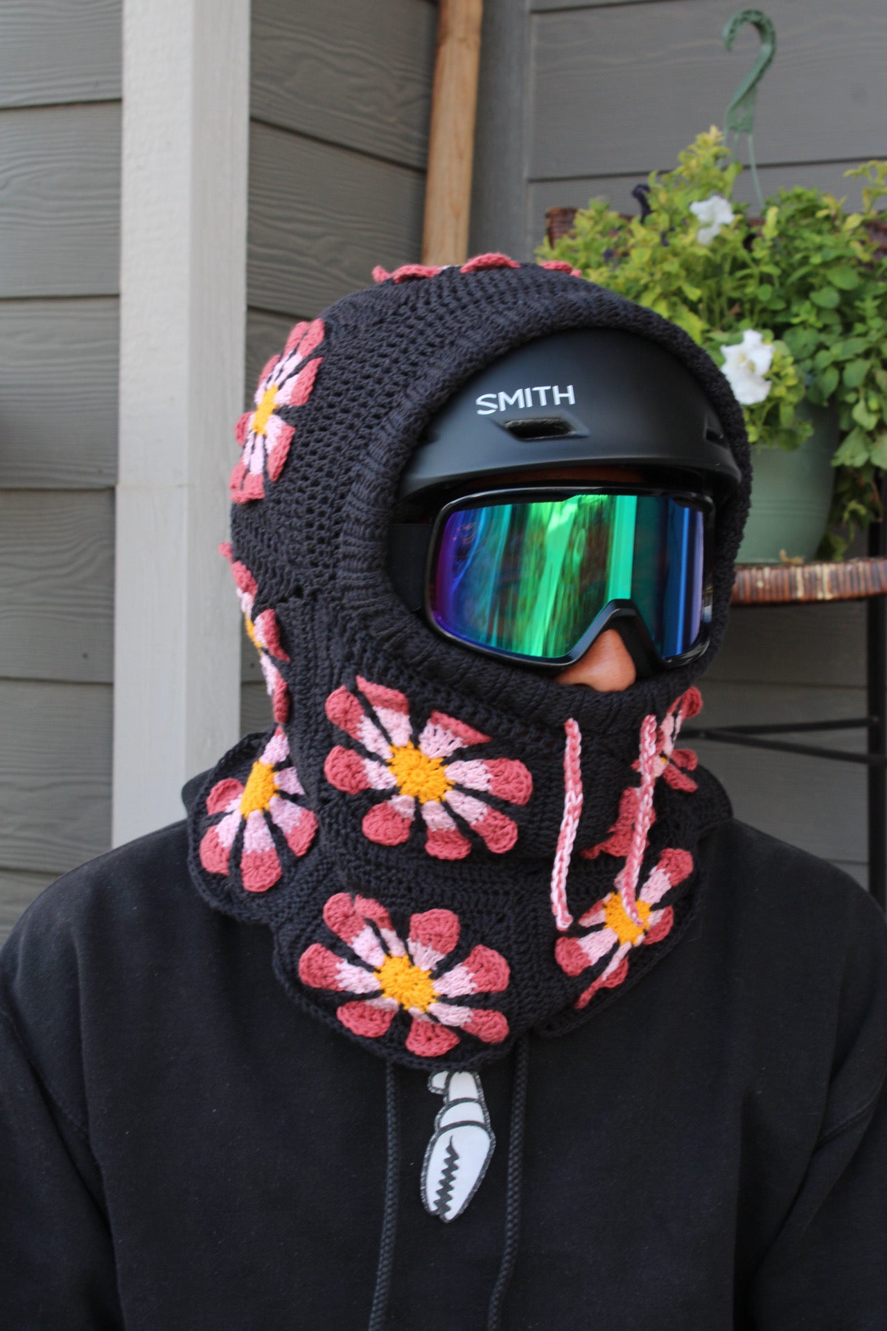 Handmade Crochet Snowboarding Hood – 100% Cotton Yarn | Retro Flower Design