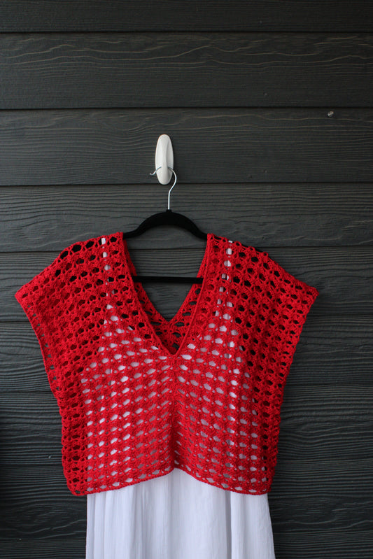 Red Handmade Crochet Cotton Top – Lightweight Summer Mesh Crop Layer with Deep V Neck