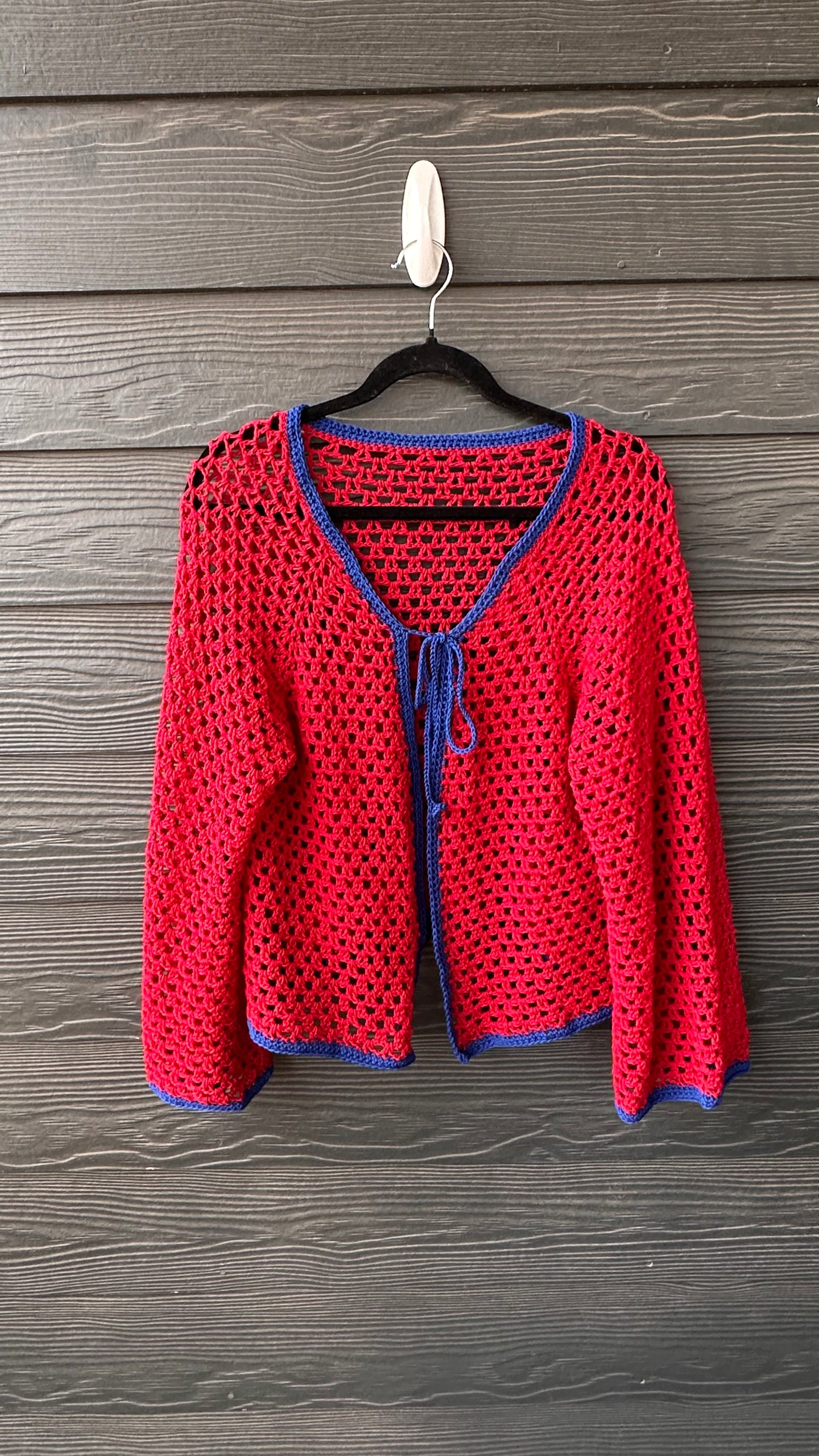 Handmade Crochet Cardigan -Red & Royal Blue Trim