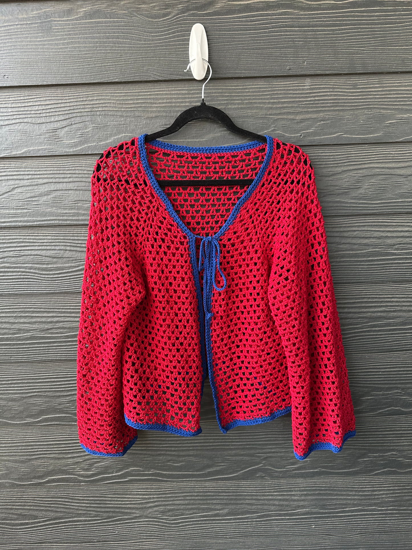 Handmade Crochet Cardigan -Red & Royal Blue Trim