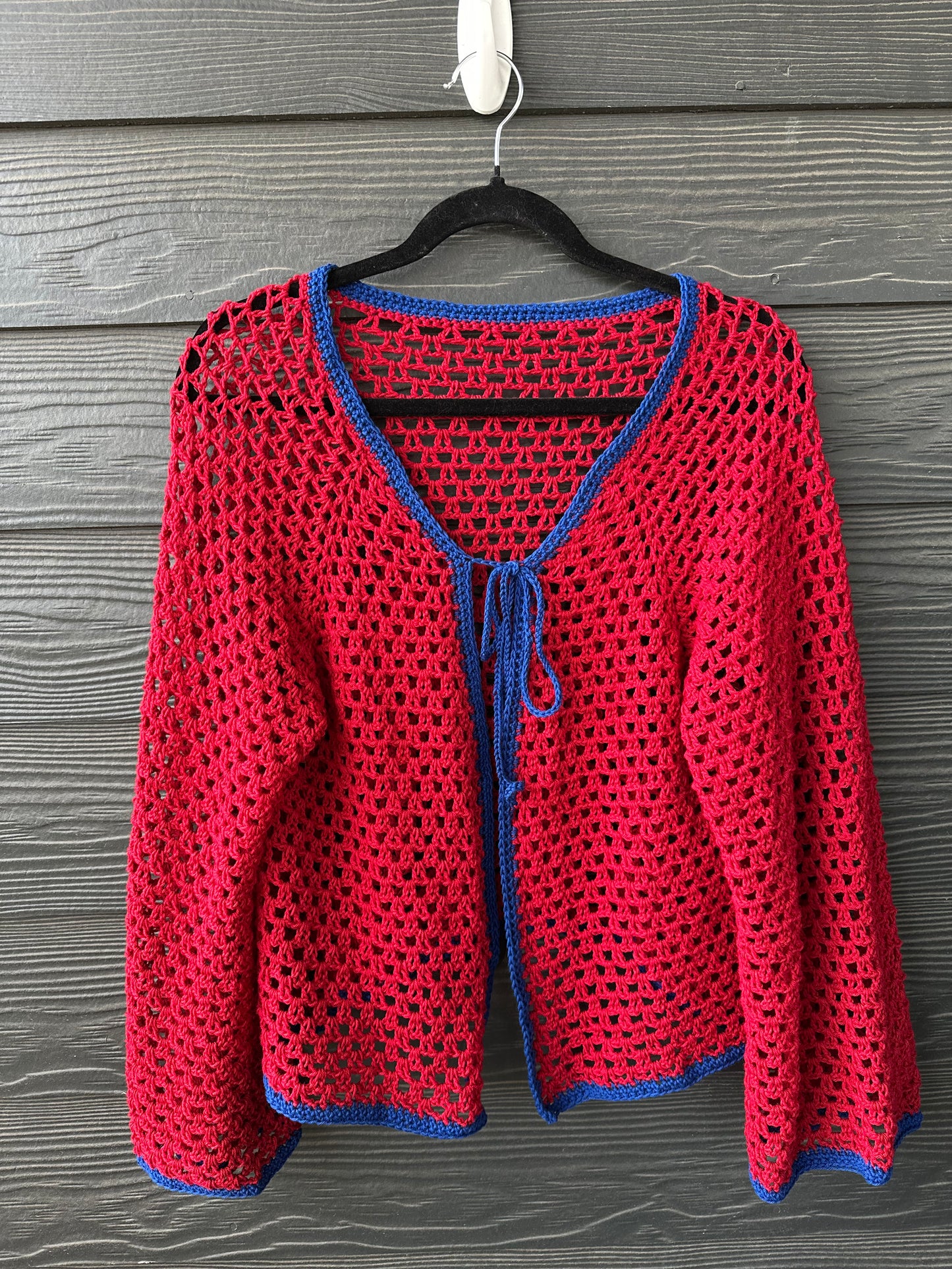 Handmade Crochet Cardigan -Red & Royal Blue Trim
