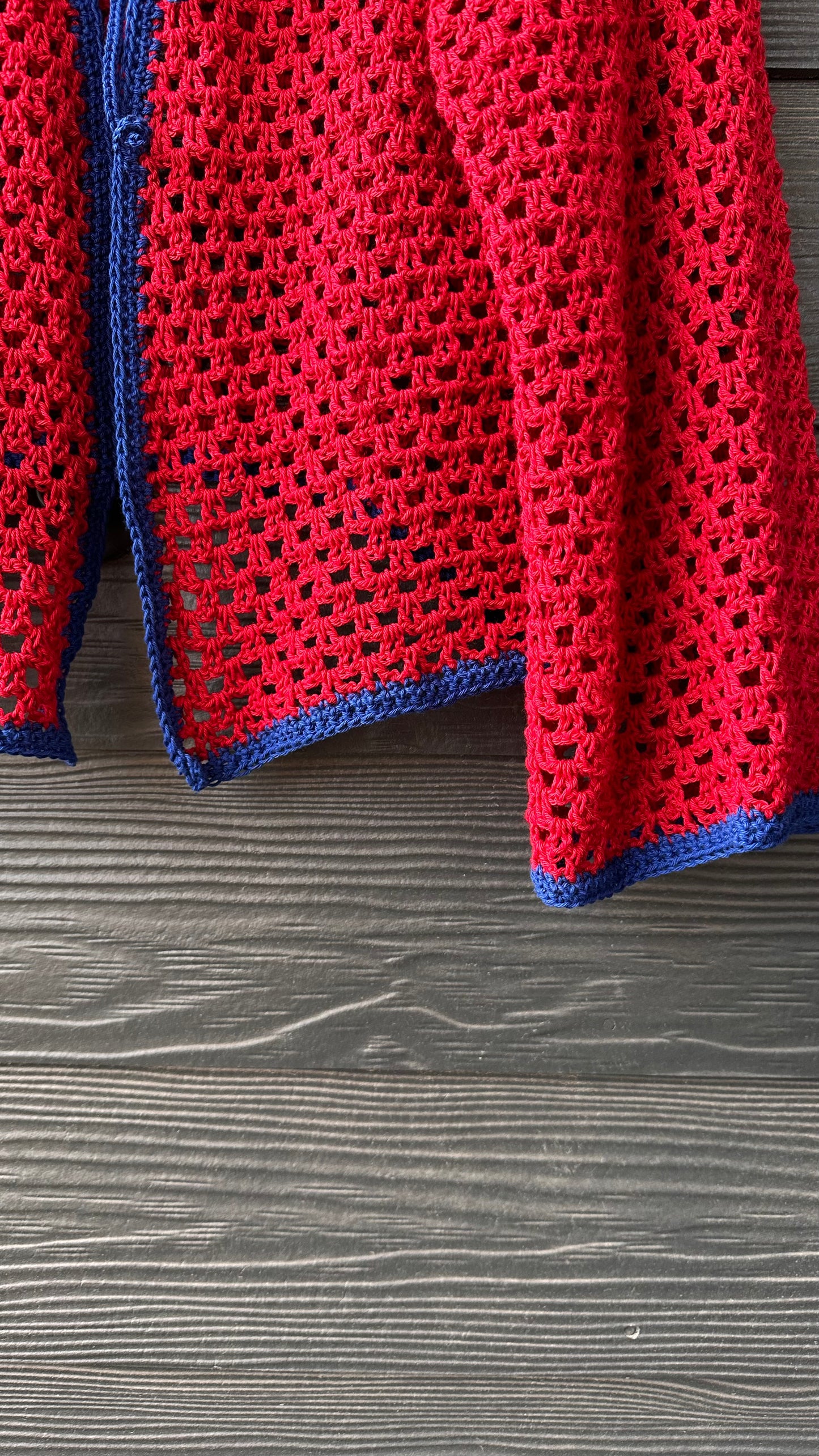 Handmade Crochet Cardigan -Red & Royal Blue Trim