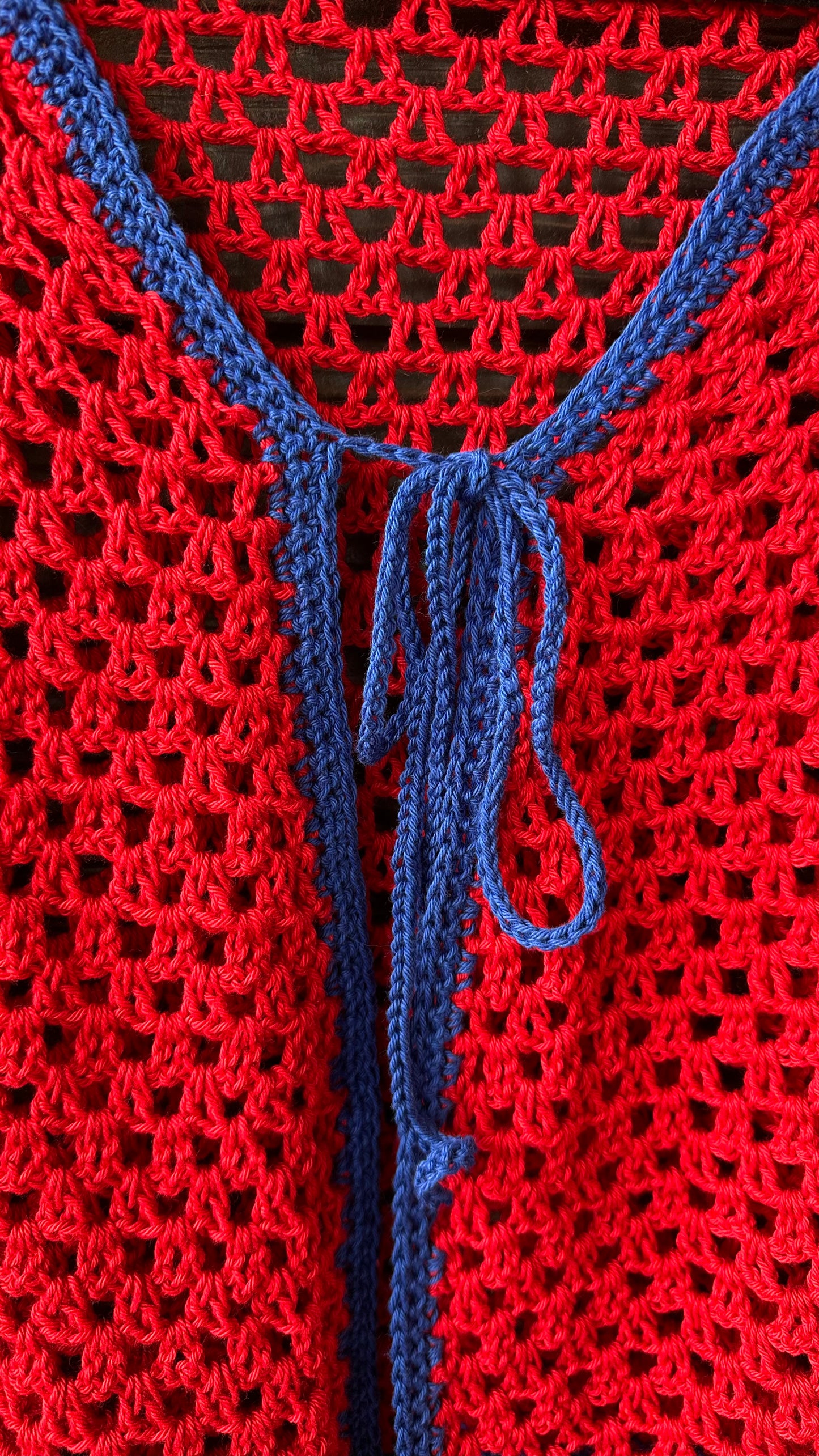 Handmade Crochet Cardigan -Red & Royal Blue Trim